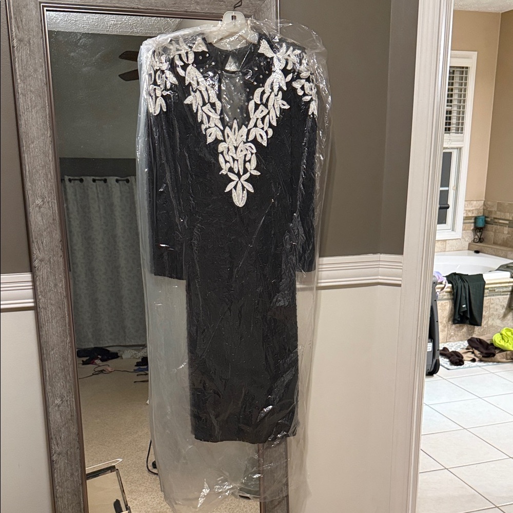 Vintage Scala Elegant Black Dress w/ White Embroidered Neckline And Cutout Back